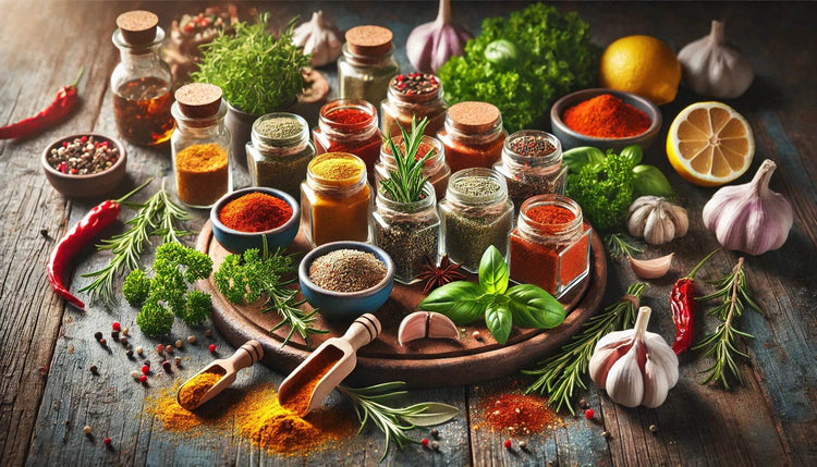 Salt-Free Spice Blends collection showing jars and bowls of colorful herbs spices garlic lemon and fresh rosemary on wood