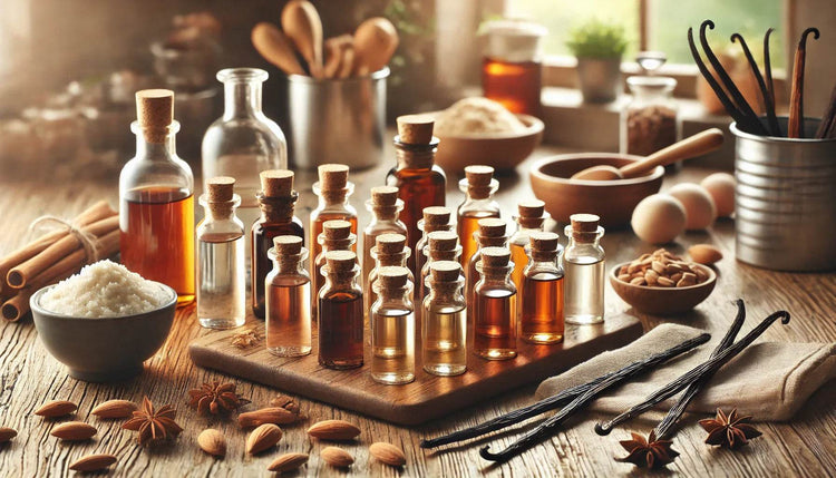 Assortment of organic flavor extracts for baking displayed with vanilla pods, almonds, and baking ingredients