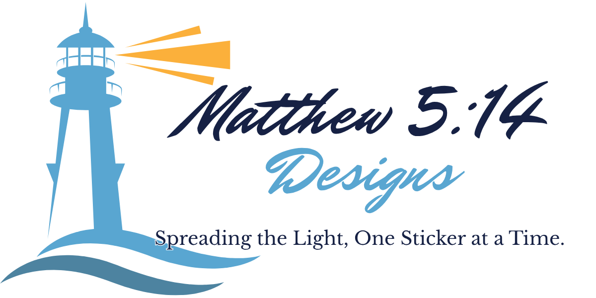 Logo of Matthew 5:14 Designs with a lighthouse and text on a white background