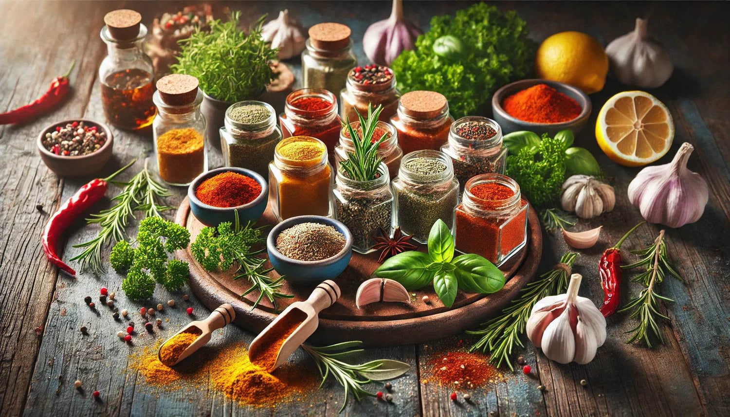 Salt-Free Spice Blends collection showing jars and bowls of colorful herbs spices garlic lemon and fresh rosemary on wood