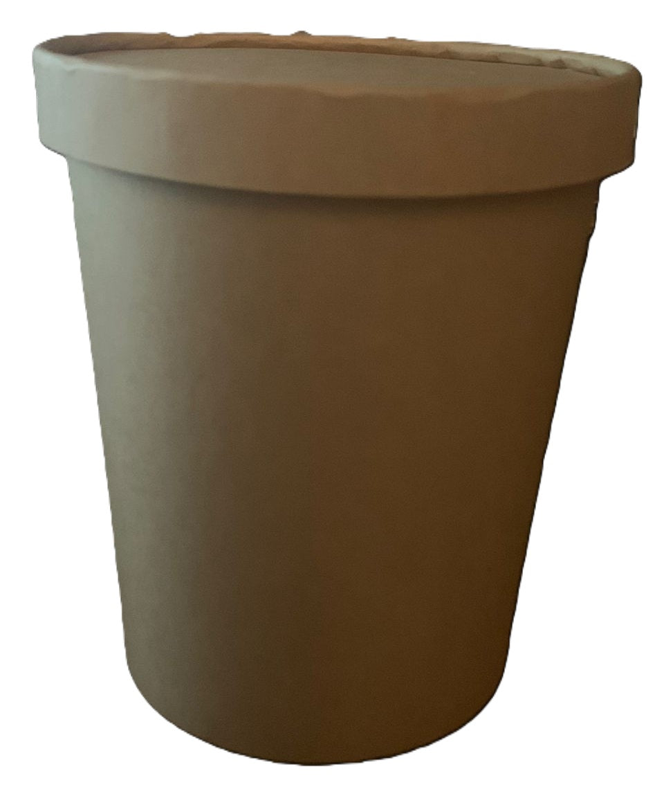 Brown 32 oz container with a lid on a white background