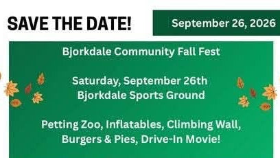 Promotional flyer for the Bjorkdale Community Fall Fest, dated September 26, 2026. The design features a dark green and light green color scheme with autumn leaf accents, listing event details such as the petting zoo, inflatable games, climbing wall, burgers and pies, and a drive-in movie.