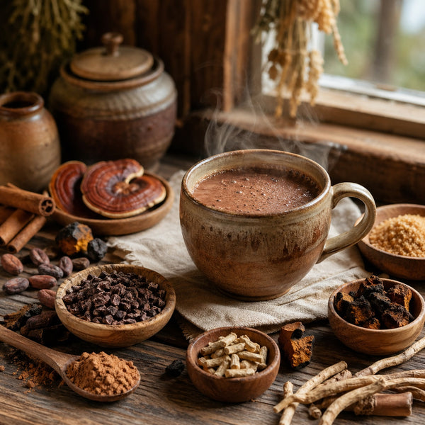 Steaming mug of Adaptogene Hot Chocolate surrounded by various ingredients on a wooden table.