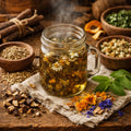 Glass mug filled with After Supper herbal tea on a wooden table with various herbs and spices.