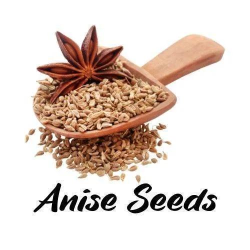 Wooden scoop filled with anise seeds on a white background with 'Anise Seeds' text.