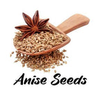 Wooden scoop filled with anise seeds on a white background with 'Anise Seeds' text.