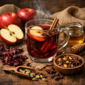 Hot spiced apple chai with apples, cinnamon, and honey on a wooden table.