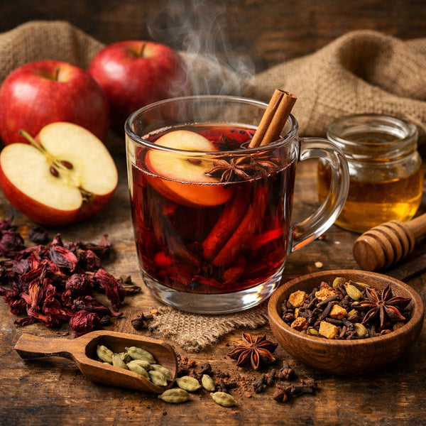Hot spiced apple chai with apples, cinnamon, and honey on a wooden table.