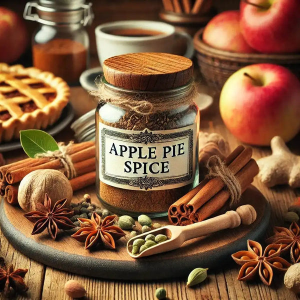 Jar of apple pie spice with cinnamon sticks, apples, and a pie on a wooden table.