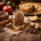Spices and a jar of Apple Pie spice on a wooden table with apples and a pie in the background.