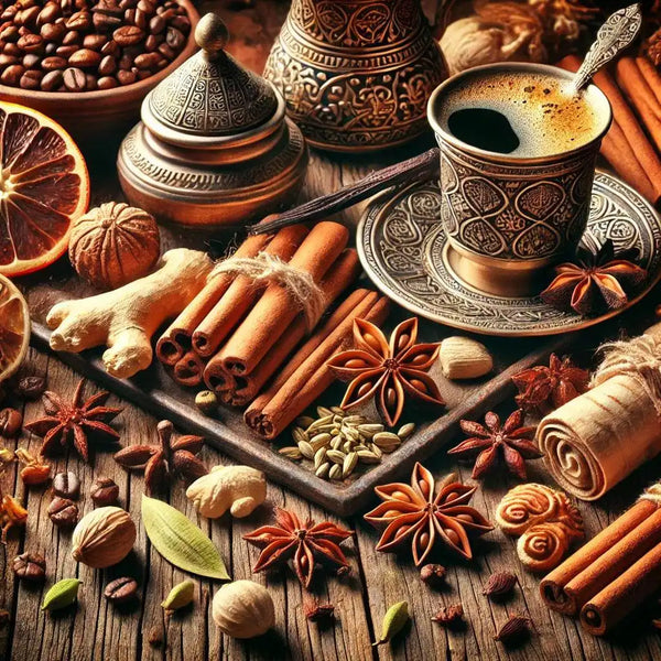 Spices and a cup of coffee on a wooden table