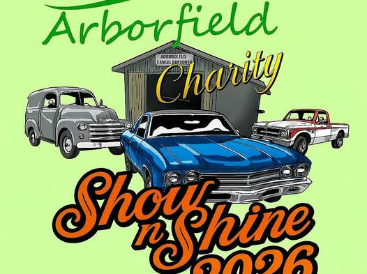 Promotional graphic for Arborfield Charity Show n Shine 2026 featuring vintage cars on a green background.