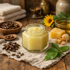 Jar of Balm Of Gilead on a wooden table with poplar buds, honeycomb and sunflower.
