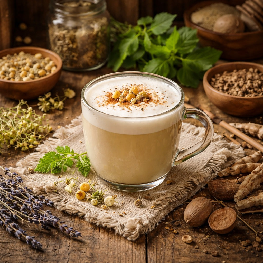 Glass of Bedtime latte with froth on a wooden surface with herbs and spices
