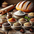 Spices and ingredients on a wooden table with a loaf of bread and rolling pin.