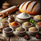 Spices and ingredients on a wooden table with a loaf of bread and rolling pin.
