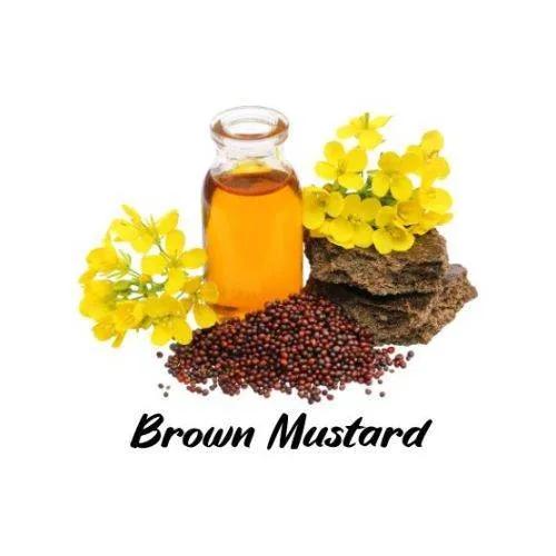 Bottle of brown mustard oil with mustard seeds and flowers on a white background