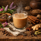 Steaming cup of Bush Fire Chai with spices and herbs on a wooden table