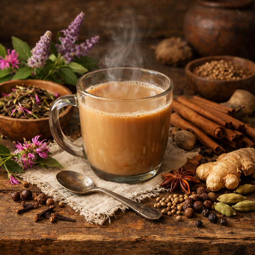 Steaming cup of Bush Fire Chai with spices and herbs on a wooden table
