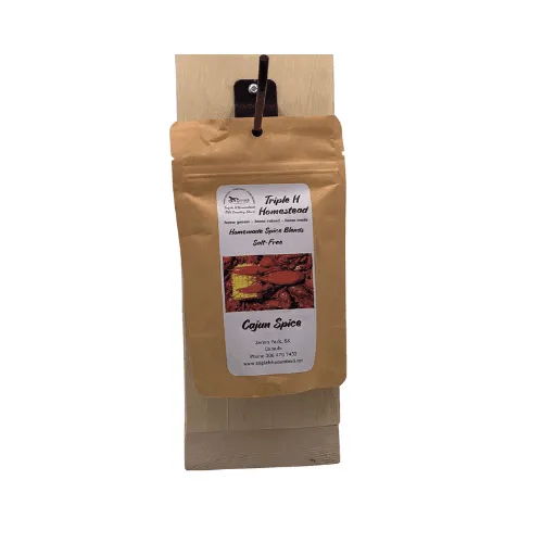 Kraft paper packaging with a label for Cajun Spice on a white background