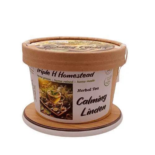 Container of Triple H Homestead Calming Linden Herbal Tea on a white background