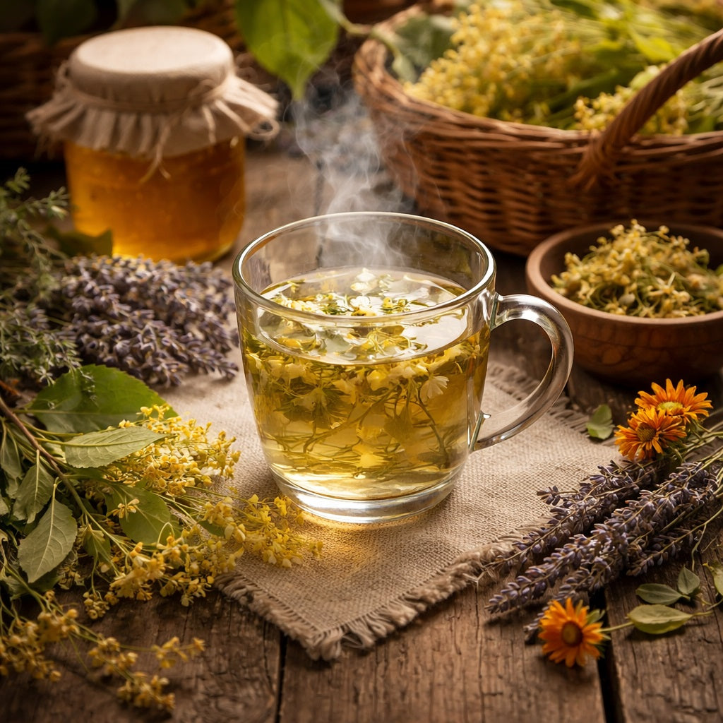 Steaming cup of Calming Linden herbal tea surrounded by flowers and a jar on a wooden table