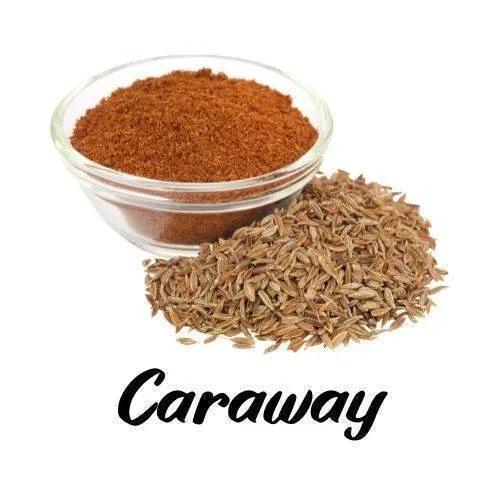 Glass bowl of caraway seeds with a pile of caraway seeds on a white background, labeled 'Caraway'.