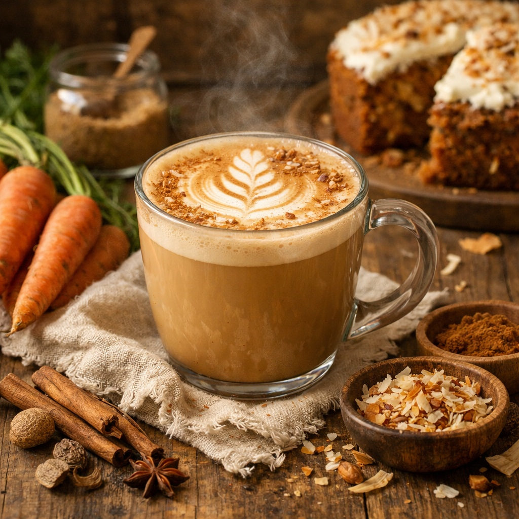 Steaming cup of carrot cake  latte with latte  art on a wooden table with carrots, spices, and a carrot cake.