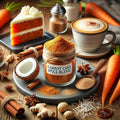 Carrot cake spice blend jar with ingredients and a slice of carrot cake on a wooden table.