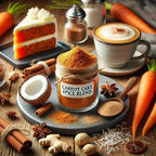 Carrot cake spice blend jar with ingredients and a slice of carrot cake on a wooden table.