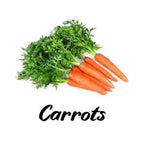Bunch of carrots with green tops on a white background, labeled 'Carrots'.