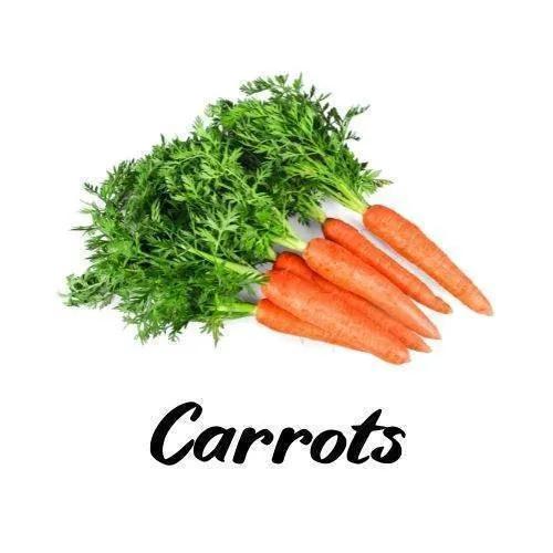 Bunch of carrots with green tops on a white background, labeled 'Carrots'.