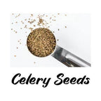 Spoonful of celery seeds with 'Celery Seeds' text on a white background