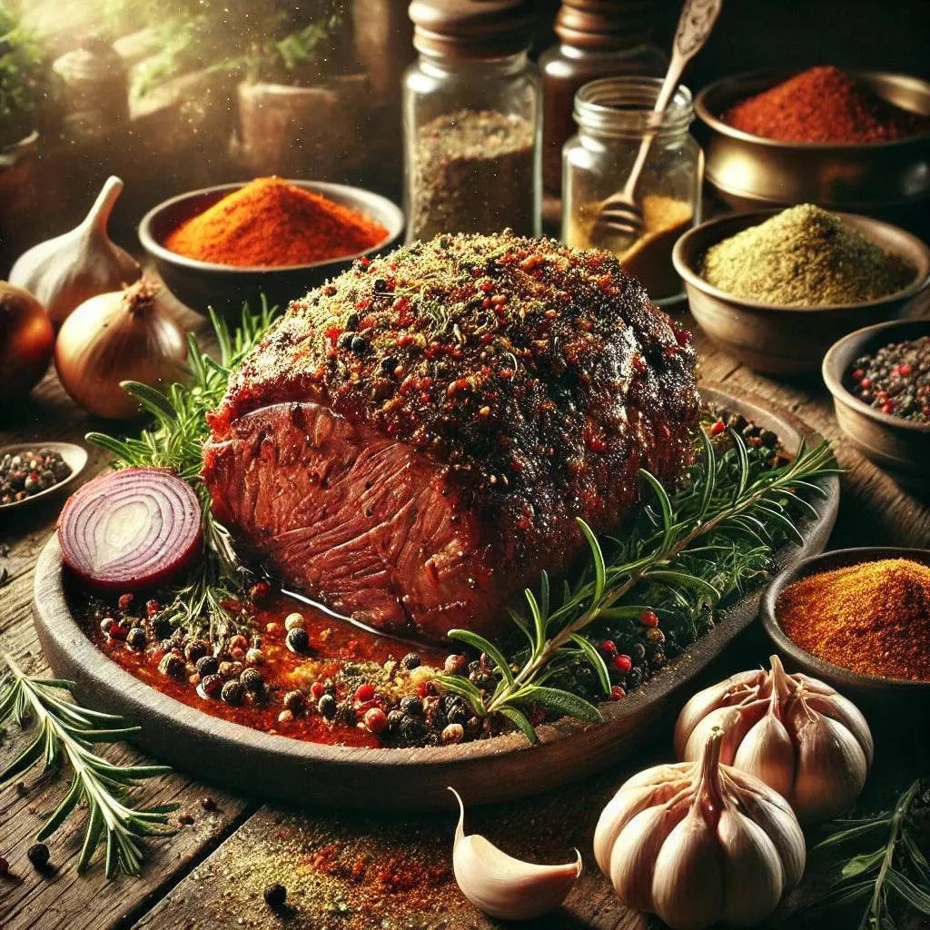 Roasted beef with herbs and spices on a wooden table