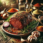 Roasted beef with herbs and spices on a wooden table