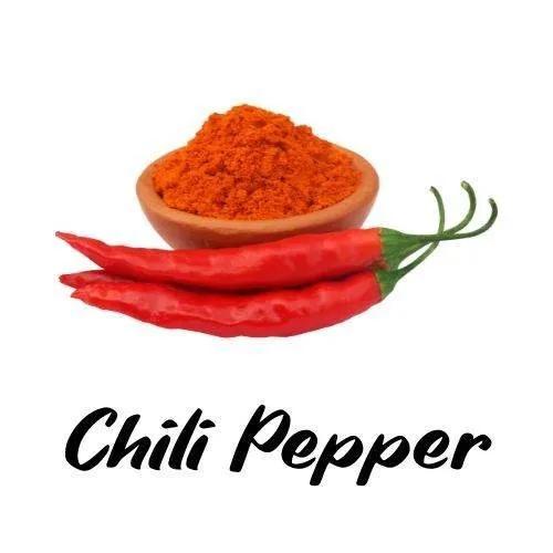 Red chili peppers and a wooden bowl of red chili powder on a white background with 'Chili Pepper' text.