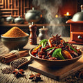 Steaming bowl of stir-fry with spices and herbs on a wooden table