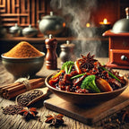 Steaming bowl of stir-fry with spices and herbs on a wooden table