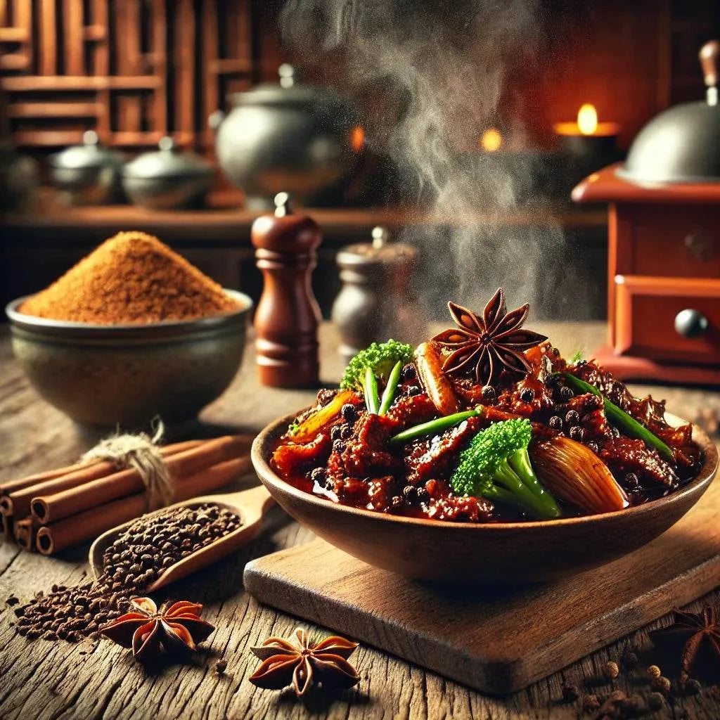 Steaming bowl of stir-fry with spices and herbs on a wooden table