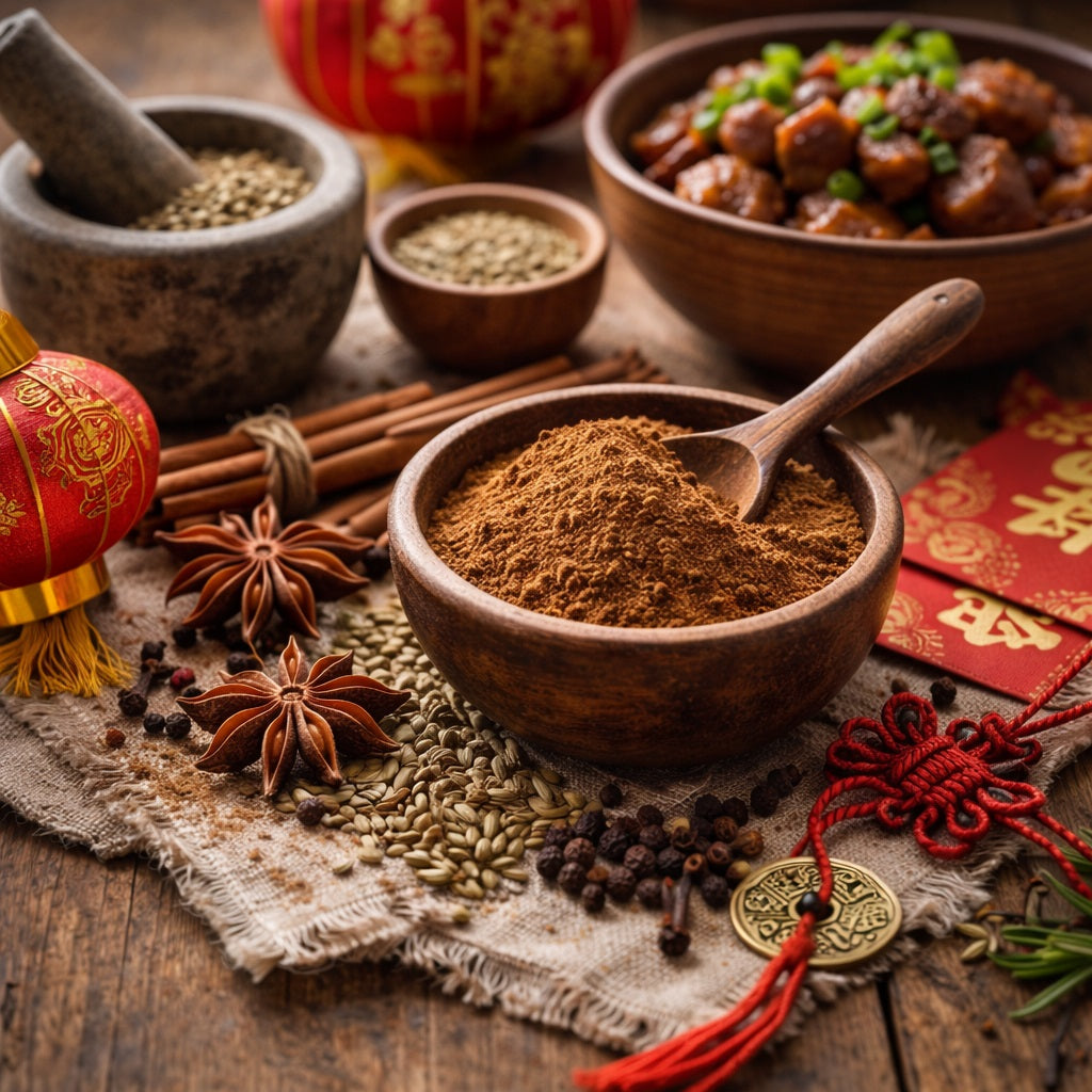 Chinese 5 Spice bowl with a spoon, surrounded by chinese decorations and various spices and herbs on a wooden surface.