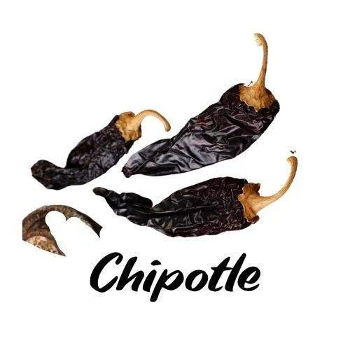 Dried chipotle peppers on a white background with 'Chipotle' text.