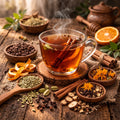 Steaming cup of Chocolate Chai with cinnamon sticks on a wooden table surrounded by various spices and herbs.