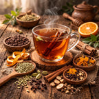 Steaming cup of Chocolate Chai with cinnamon sticks on a wooden table surrounded by various spices and herbs.