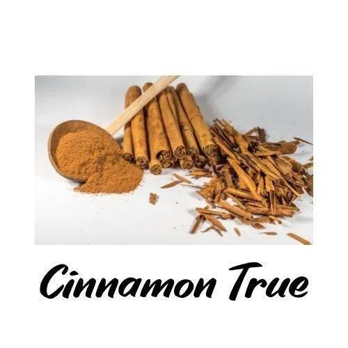 Cinnamon sticks, ground cinnamon, and a wooden spoon on a white background with 'Cinnamon True' text.
