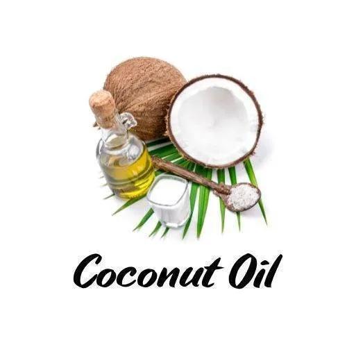 Coconut oil bottle, half-coconut, and palm leaf on a white background with 'Coconut Oil' text.