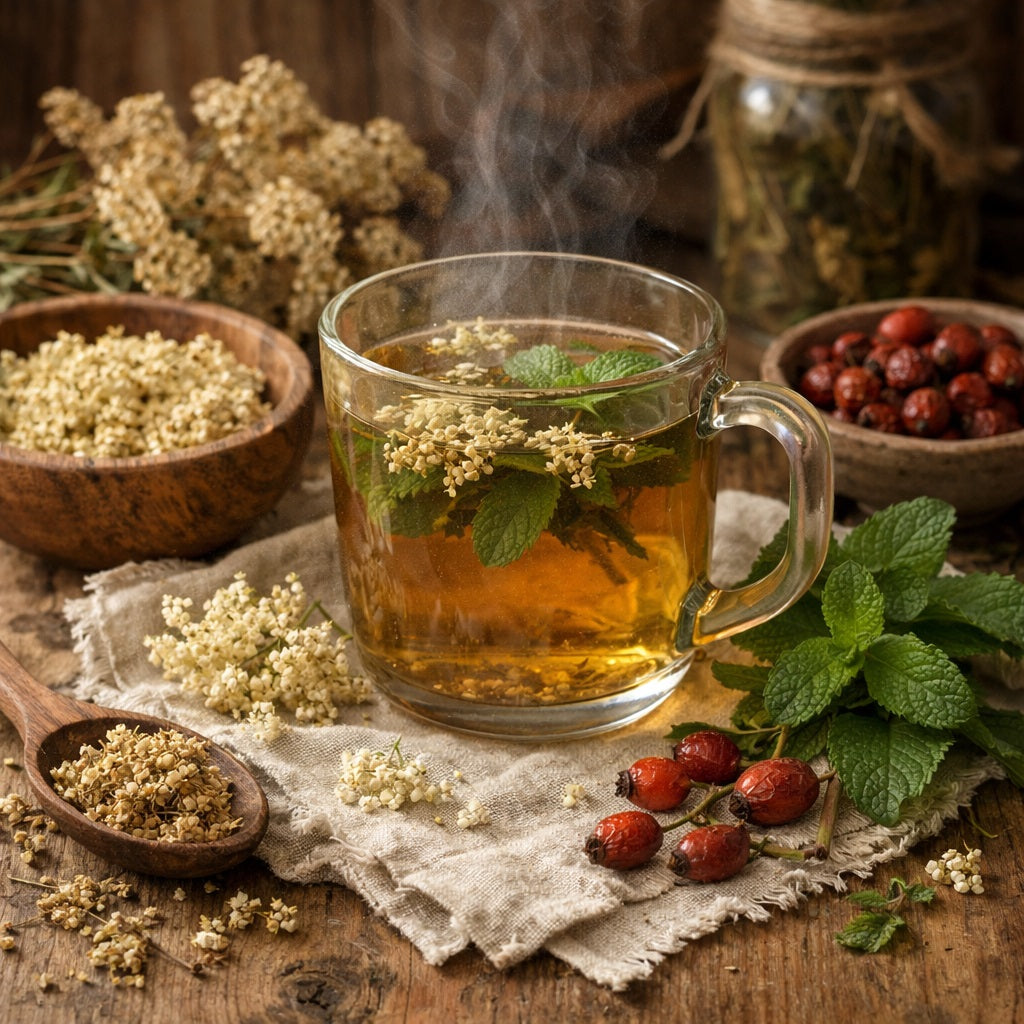 Steaming cup of Cold & Flu Relief herbal tea with mint leaves on a wooden table with dried herbs and fruits.