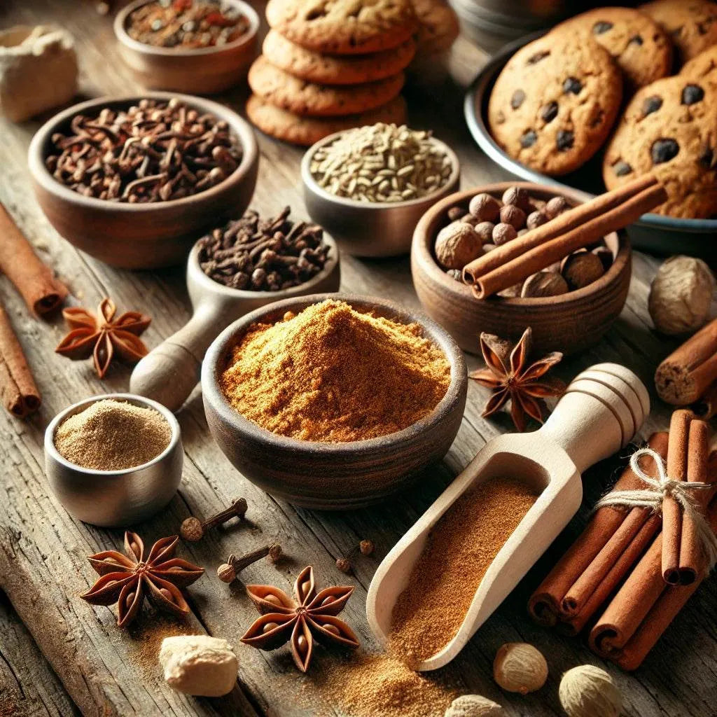 Spices and cookies on a wooden surface