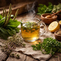 Steaming cup of herbal cough relief tea with fresh herbs and lemons on a wooden table