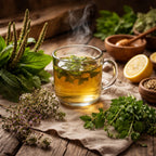 Steaming cup of herbal cough relief tea with fresh herbs and lemons on a wooden table
