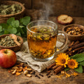 Steaming mug of Country Comfort tea with apples, cinnamon sticks, and flowers on a wooden surface.